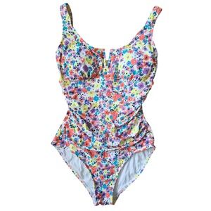 Anne Cole One Piece Swimsuit XS White Floral Ruched Tummy Control Feminine
